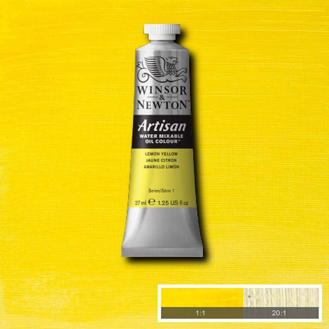 Tube of Lemon Yellow Winsor & Newton Artisan Water Mixable Oil Colour with a paint swatch for the background