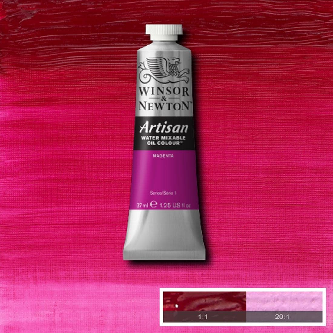 Tube of Magenta Winsor & Newton Artisan Water Mixable Oil Colour with a paint swatch for the background