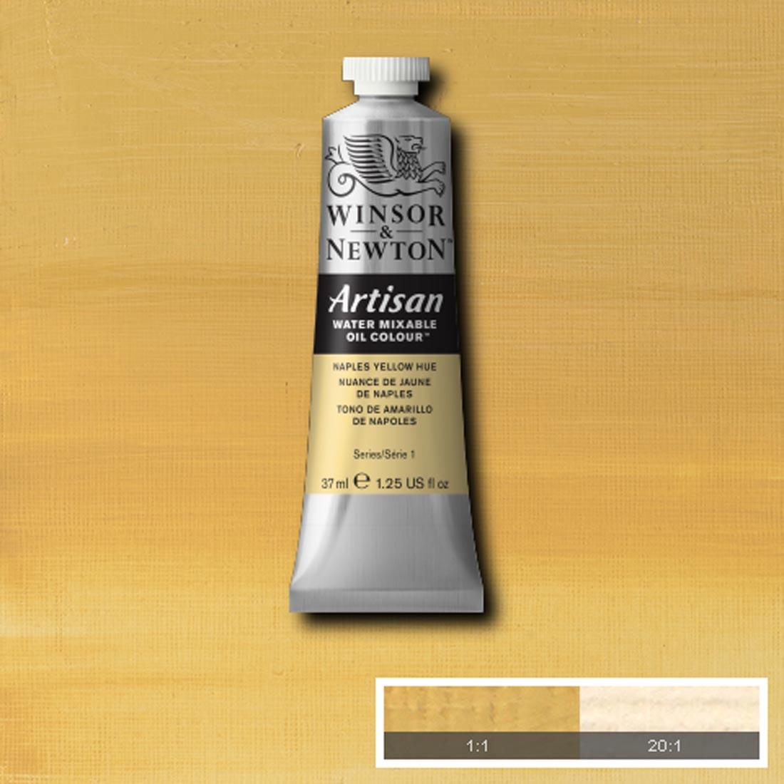 Tube of Naples Yellow Hue Winsor & Newton Artisan Water Mixable Oil Colour with a paint swatch for the background