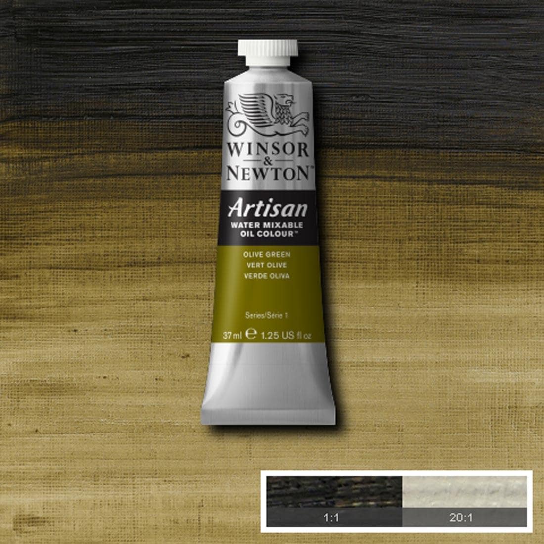 Tube of Olive Green Winsor & Newton Artisan Water Mixable Oil Colour with a paint swatch for the background