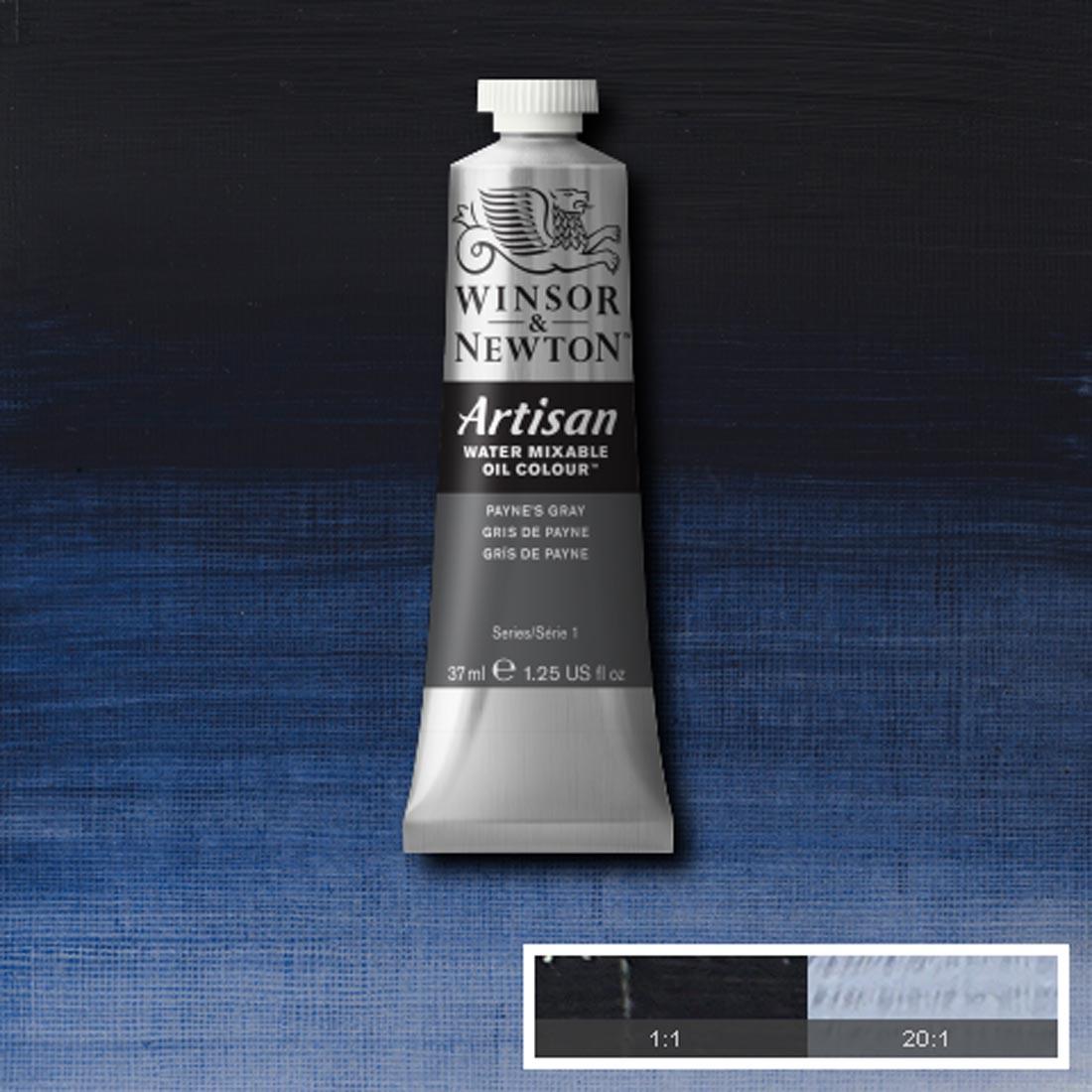 Tube of Payne's Gray Winsor & Newton Artisan Water Mixable Oil Colour with a paint swatch for the background