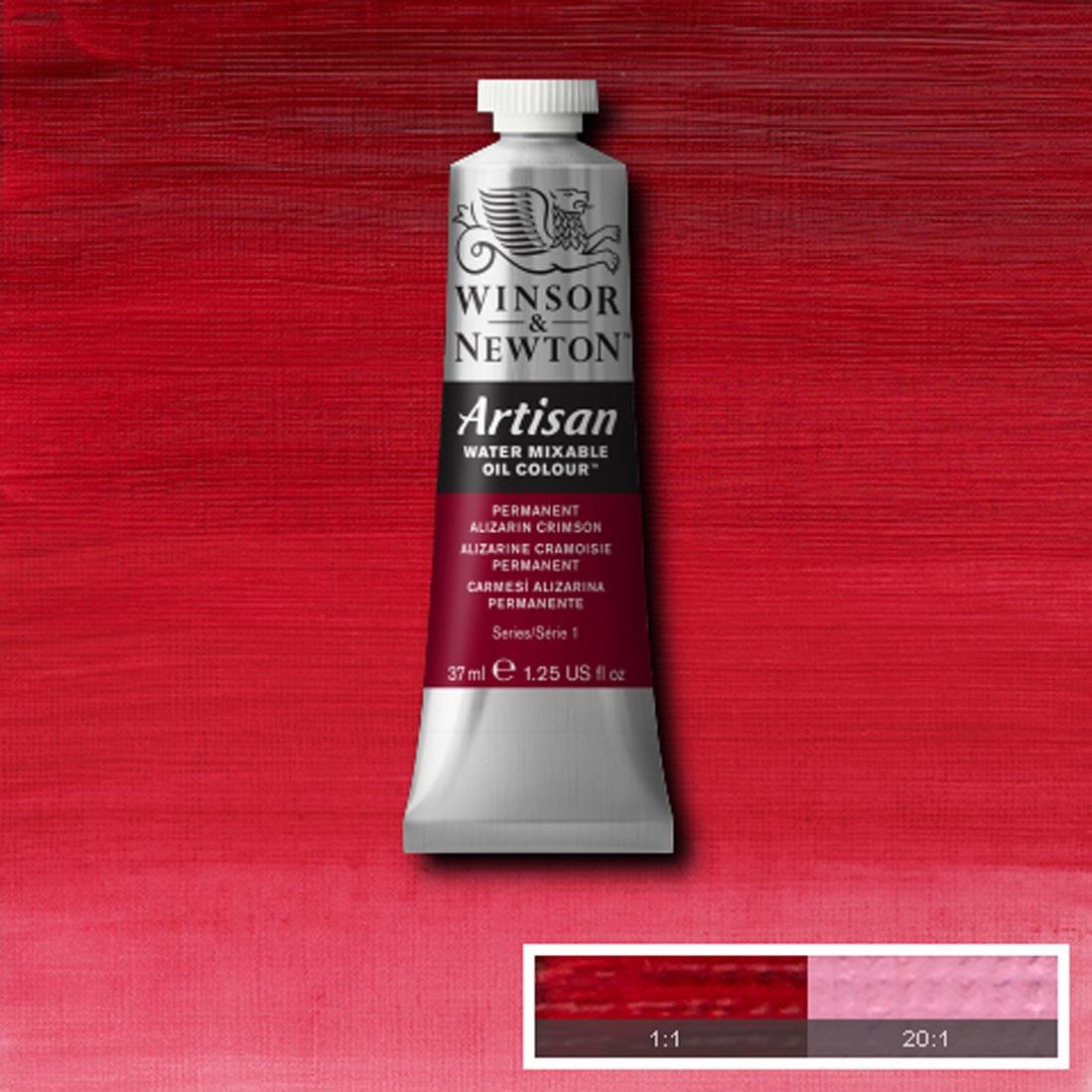 Tube of Permanent Alizarin Crimson Winsor & Newton Artisan Water Mixable Oil Colour with a paint swatch for the background