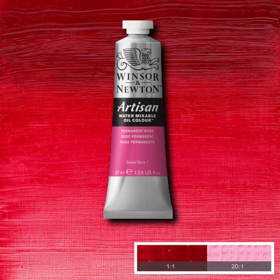 Tube of Permanent Rose Winsor & Newton Artisan Water Mixable Oil Colour with a paint swatch for the background