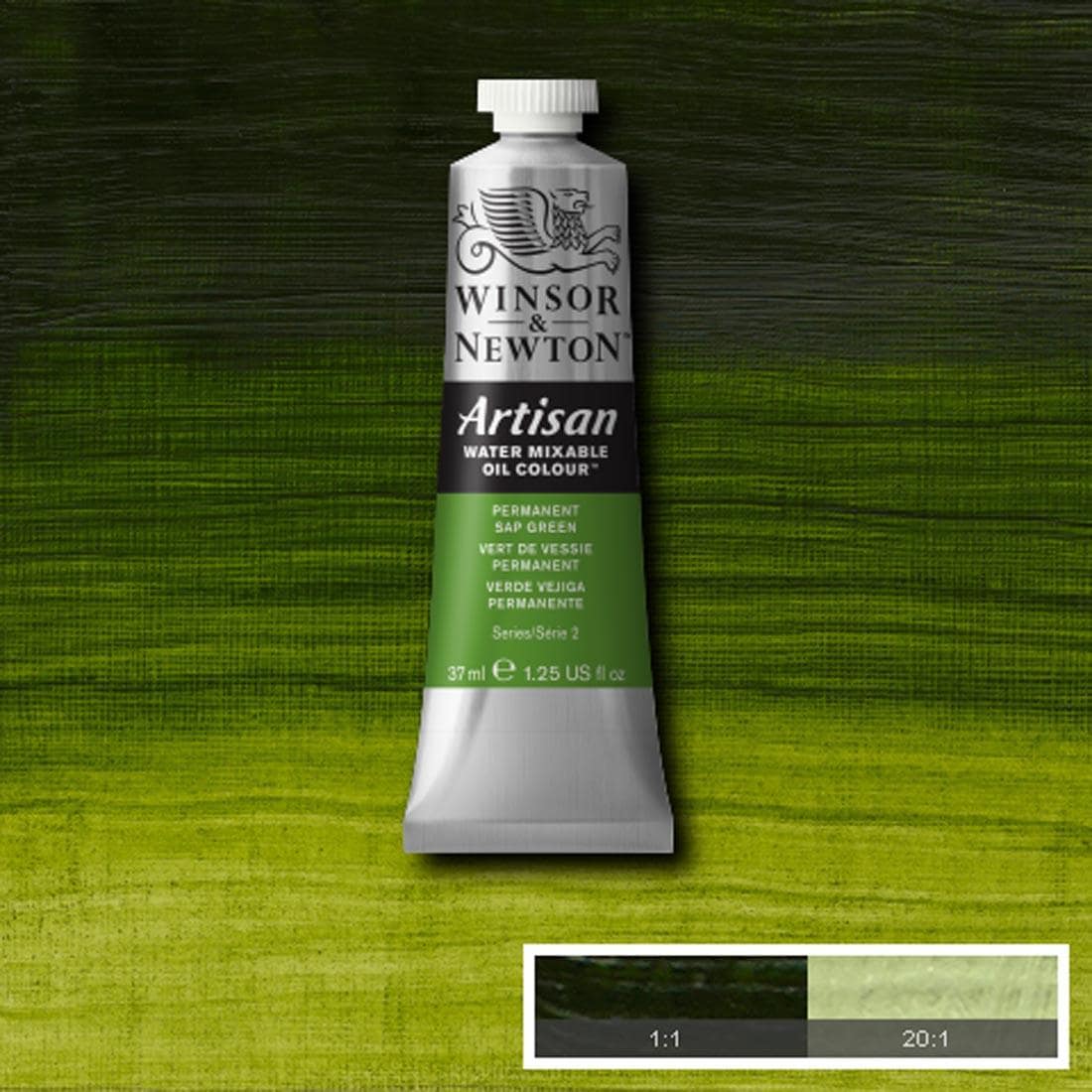 Tube of Permanent Sap Green Winsor & Newton Artisan Water Mixable Oil Colour with a paint swatch for the background