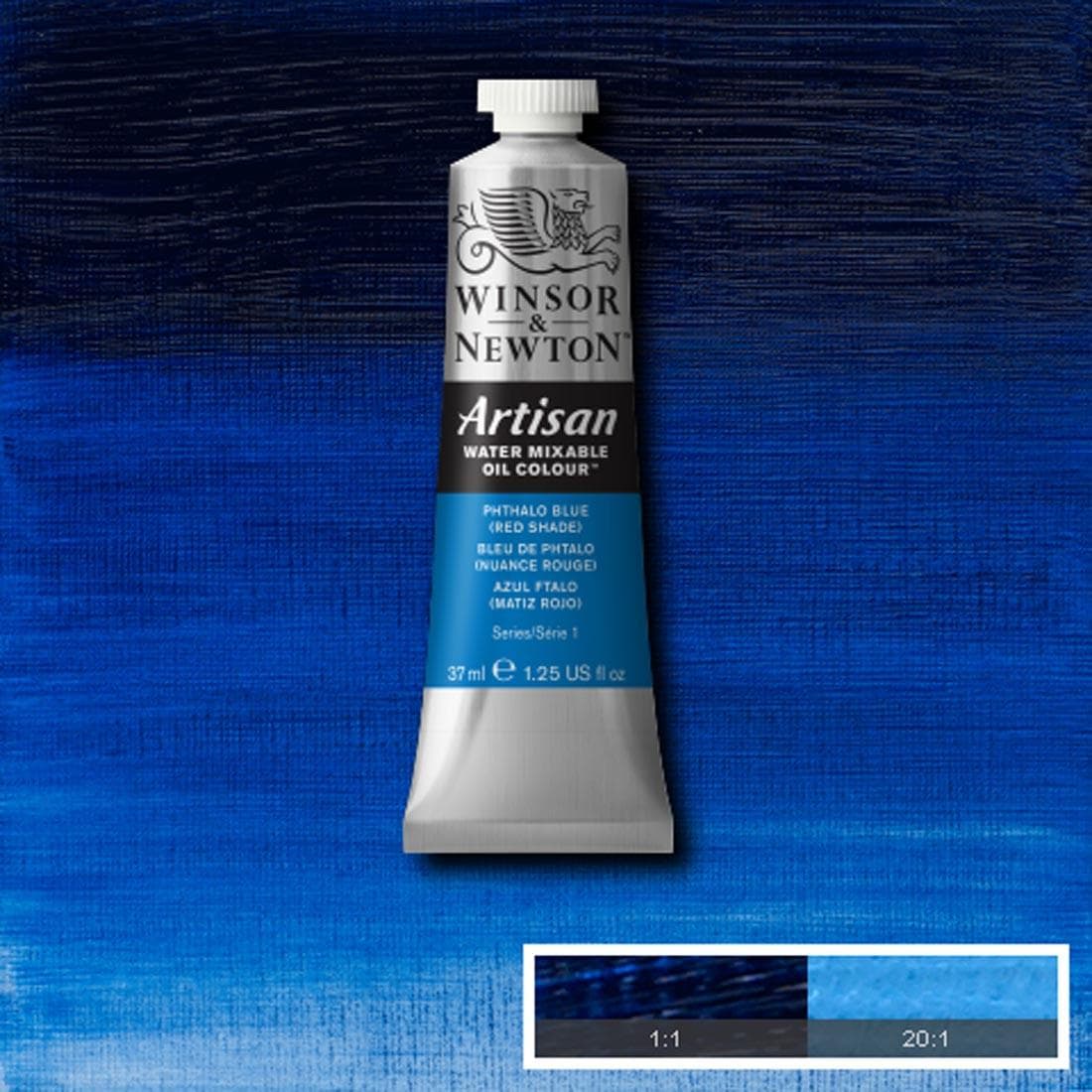 Tube of Phthalo Blue (Red Shade) Winsor & Newton Artisan Water Mixable Oil Colour with a paint swatch for the background