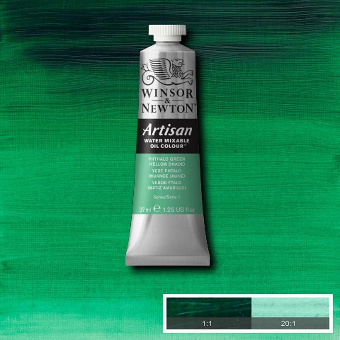 Tube of Phthalo Green (Yellow Shade) Winsor & Newton Artisan Water Mixable Oil Colour with a paint swatch for the background