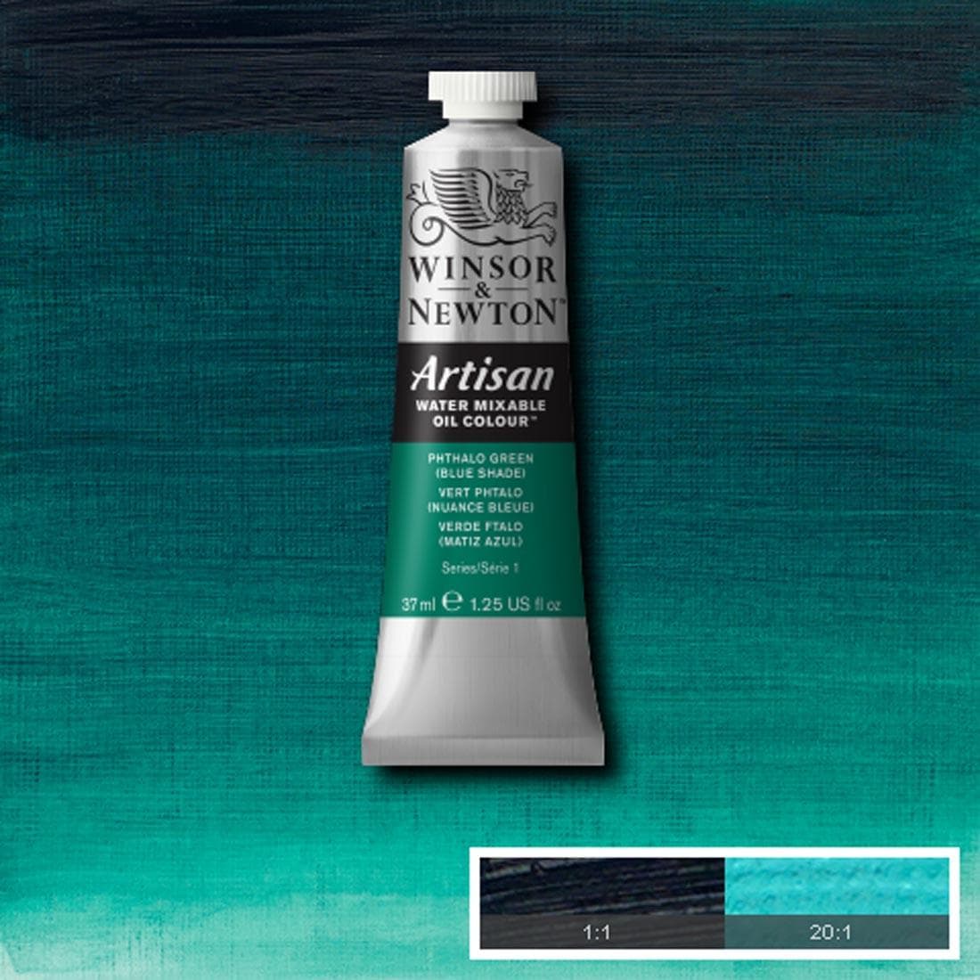 Tube of Phthalo Green (Blue Shade) Winsor & Newton Artisan Water Mixable Oil Colour with a paint swatch for the background