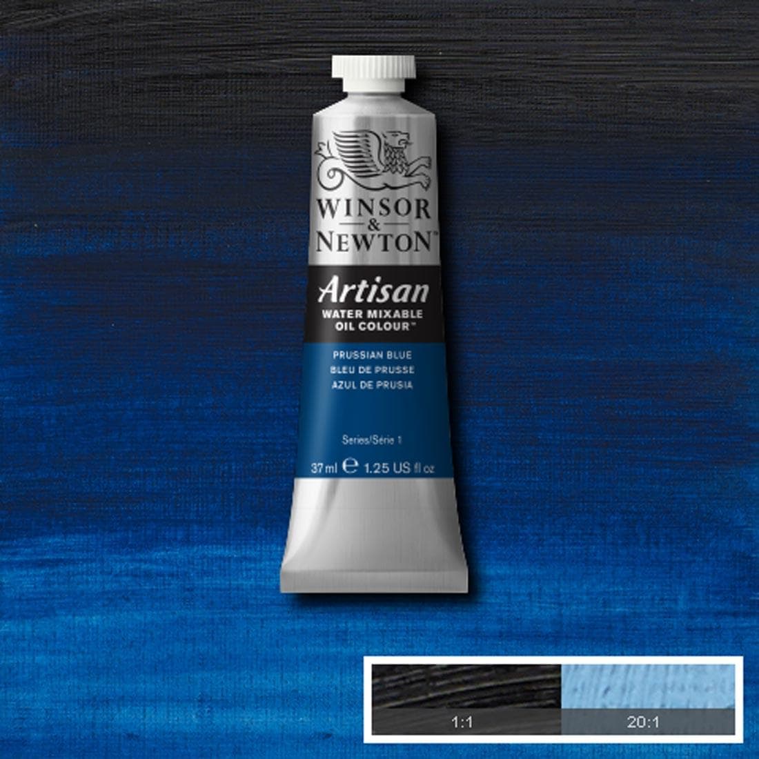 Tube of Prussian Blue Winsor & Newton Artisan Water Mixable Oil Colour with a paint swatch for the background