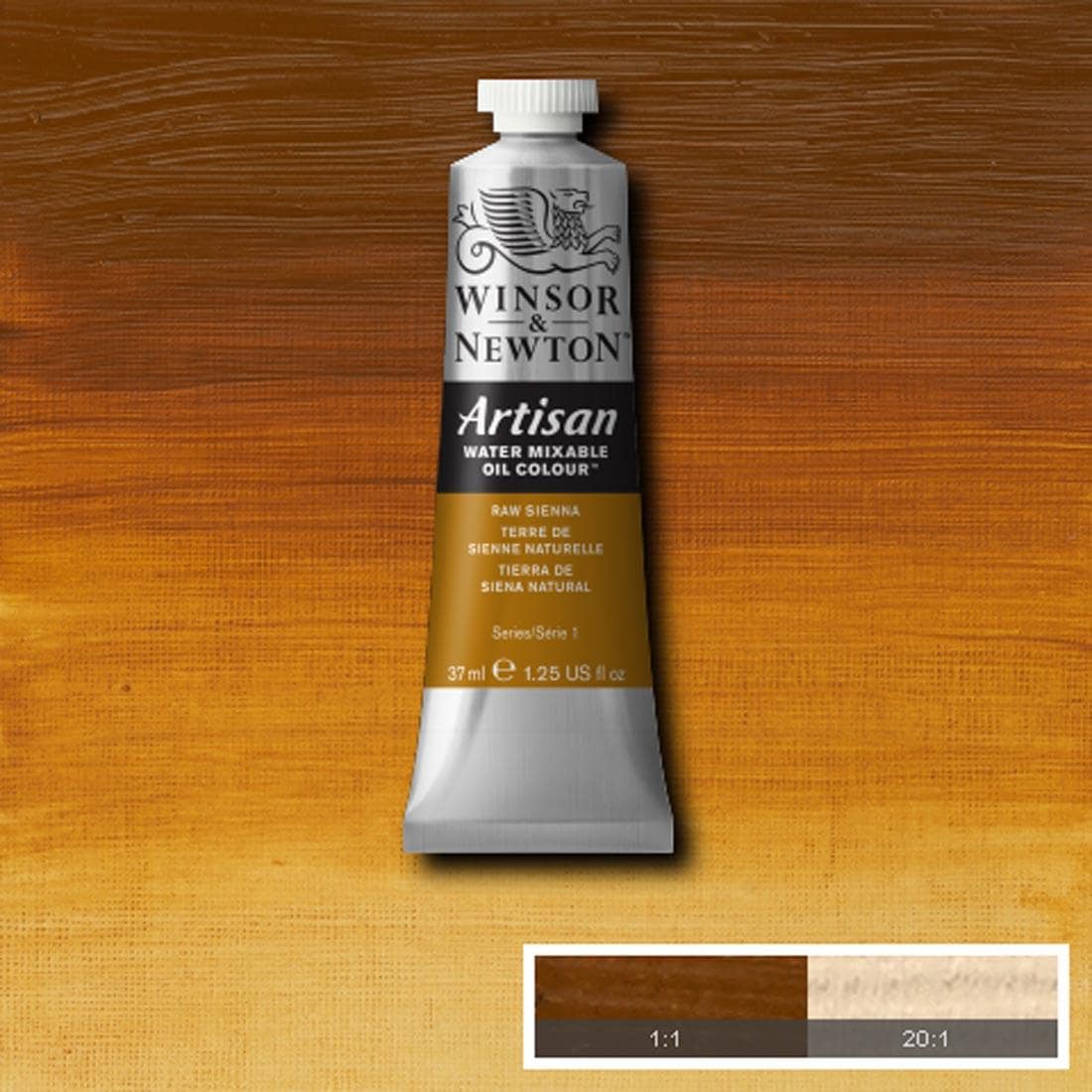 Tube of Raw Sienna Winsor & Newton Artisan Water Mixable Oil Colour with a paint swatch for the background