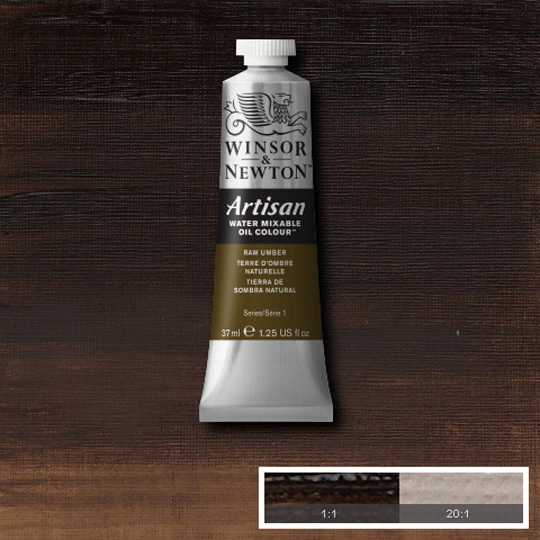 Tube of Raw Umber Winsor & Newton Artisan Water Mixable Oil Colour with a paint swatch for the background