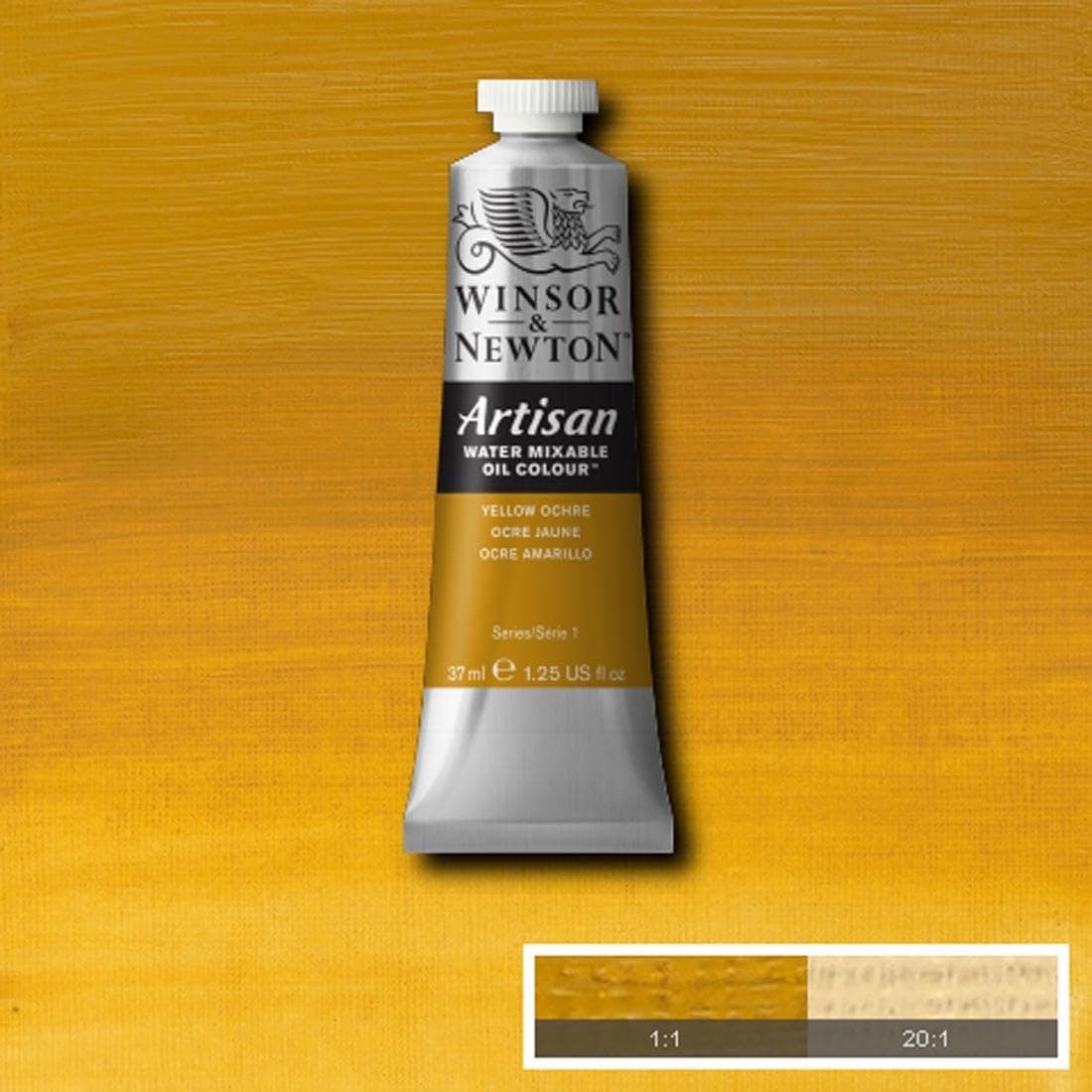 Tube of Yellow Ochre Winsor & Newton Artisan Water Mixable Oil Colour with a paint swatch for the background