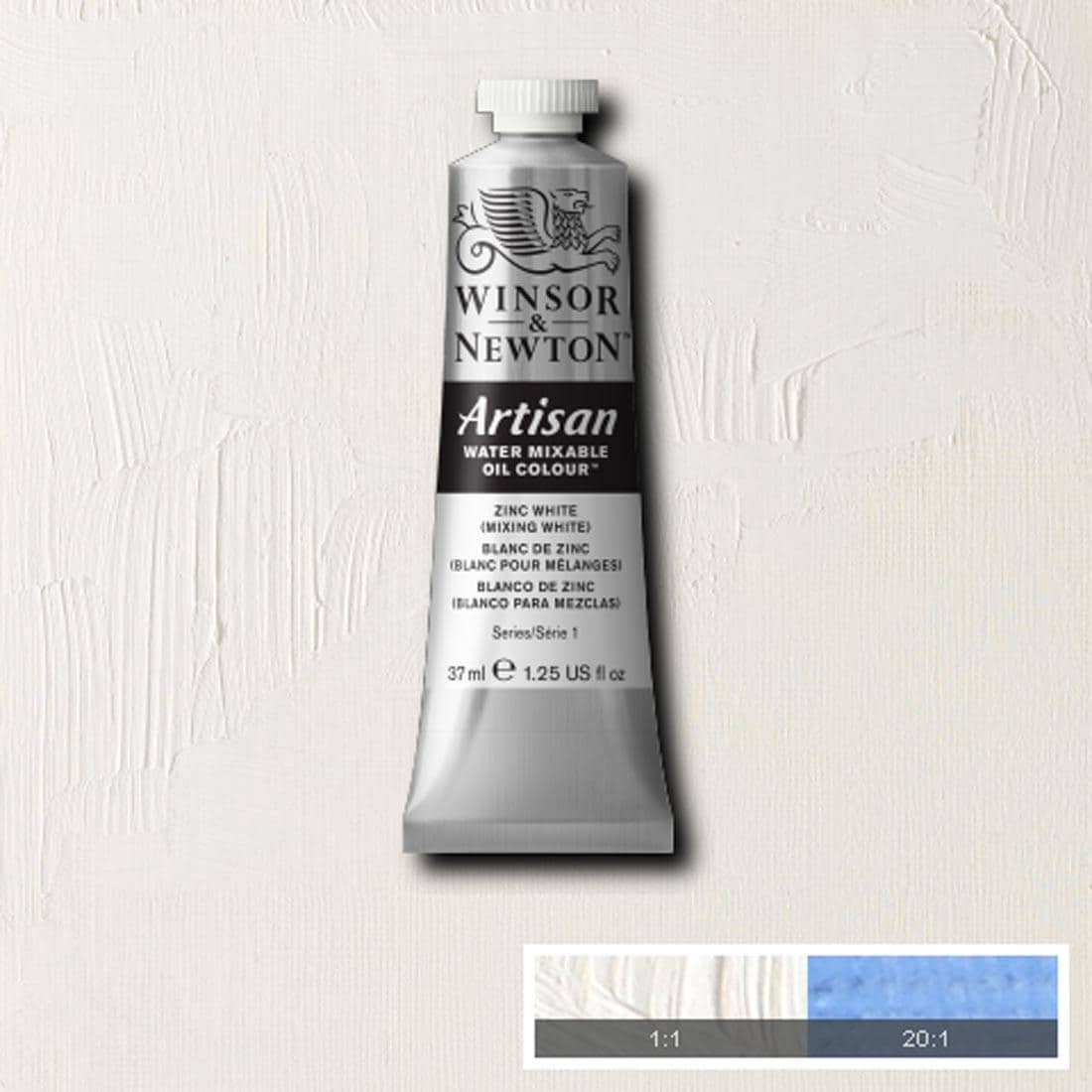 Tube of Zinc White Winsor & Newton Artisan Water Mixable Oil Colour with a paint swatch for the background