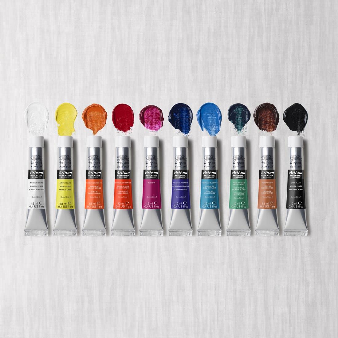 colored paint swatches above the tubes from the Winsor and Newton Artisan Water Mixable Oil Colours 10-Color Set