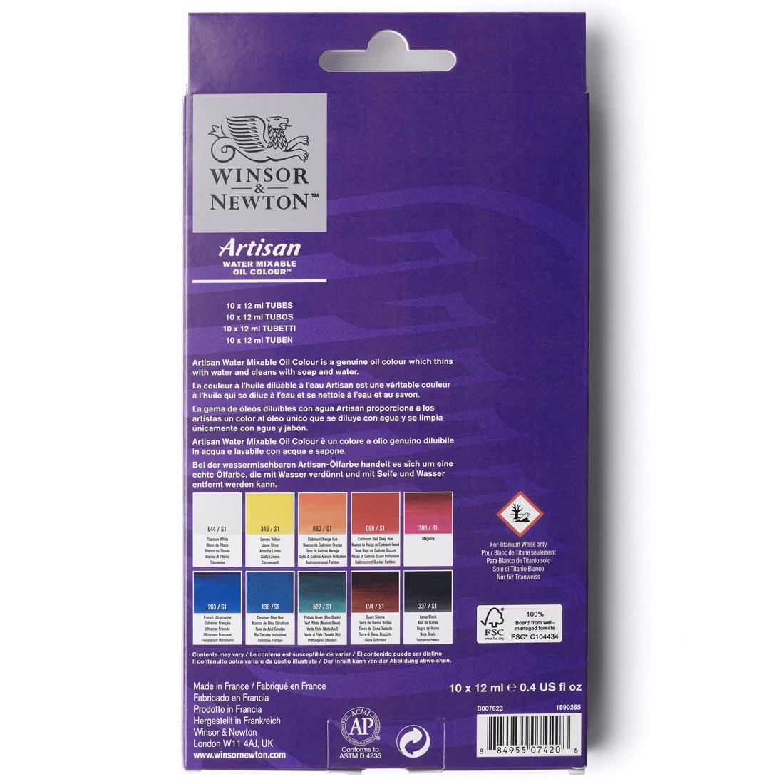 back of package of the Winsor and Newton Artisan Water Mixable Oil Colours 10-Color Set