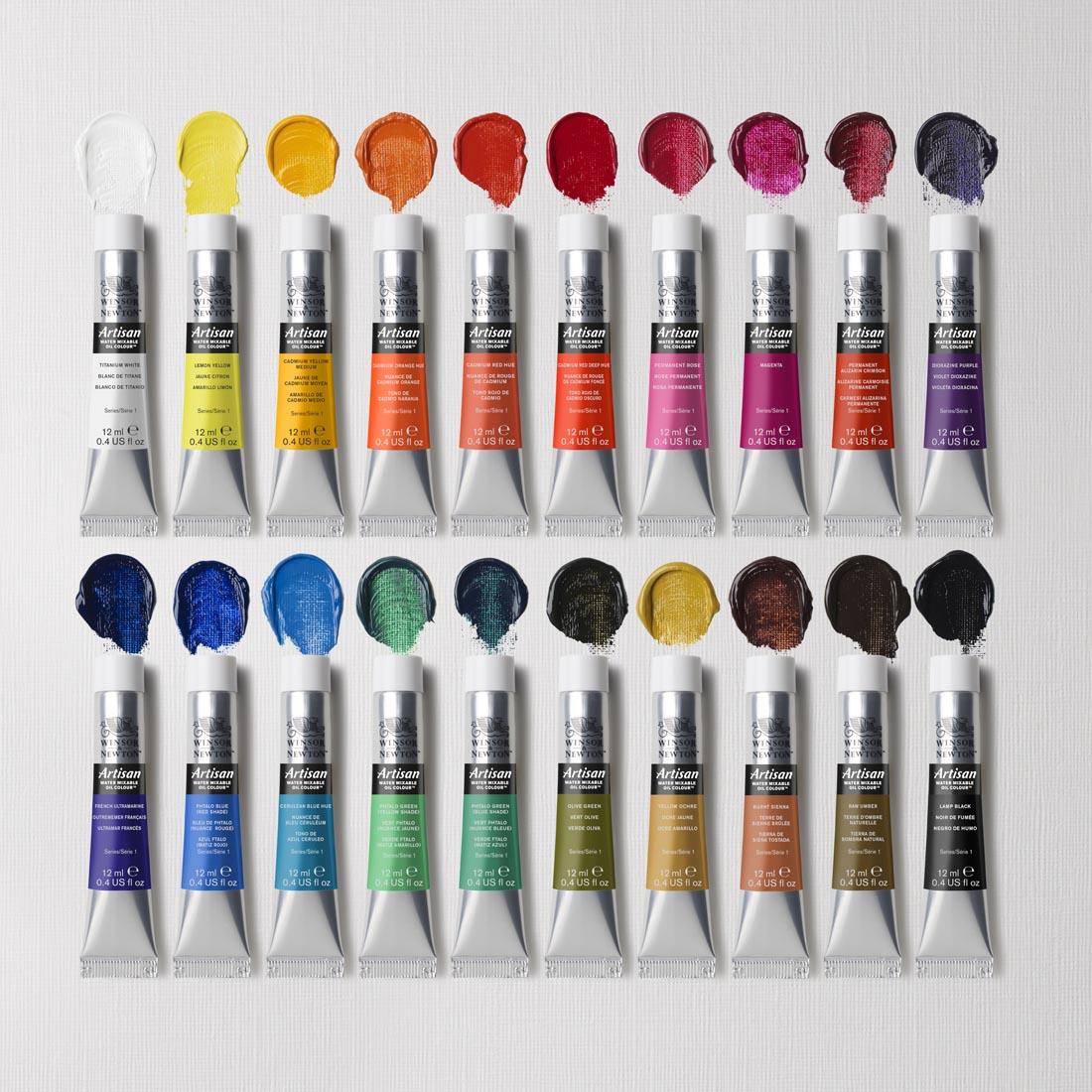 colored paint swatches above each tube from the Winsor and Newton Artisan Water Mixable Oil Colours 20-Color Set