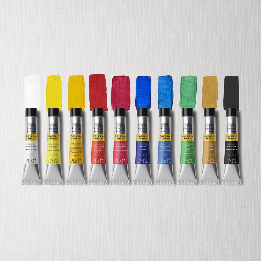 Winsor & Newton Galeria Acrylics 10-Tube Set with swatches of each color