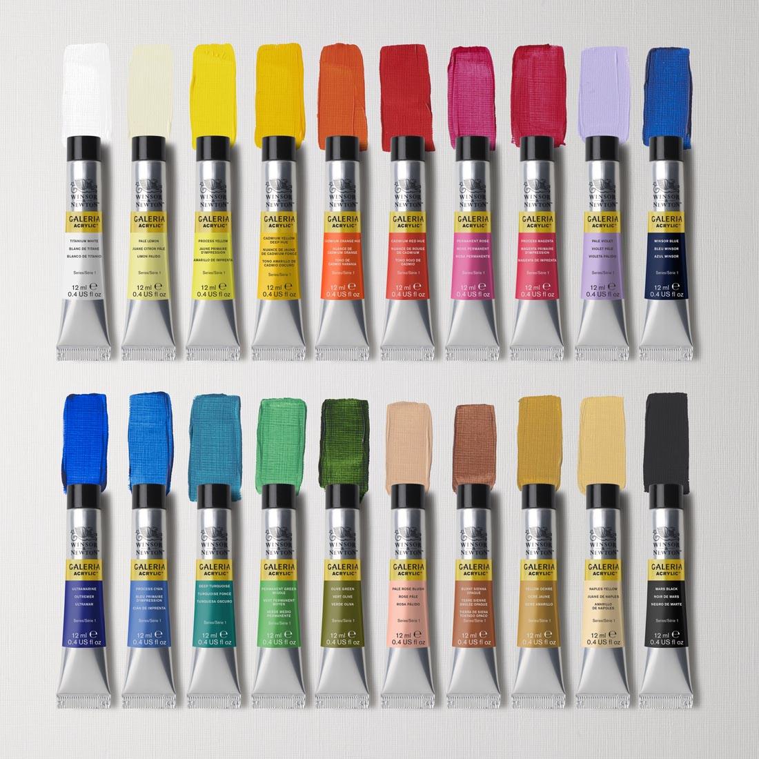 Winsor & Newton Galeria Acrylics 20-Tube Set with swatches of each color