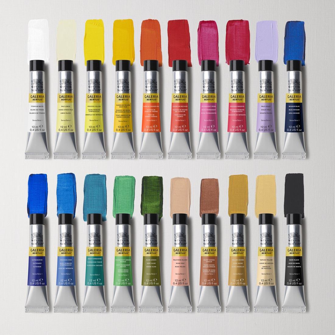 Winsor & Newton Galeria Acrylics 20-Tube Set with swatches of each color