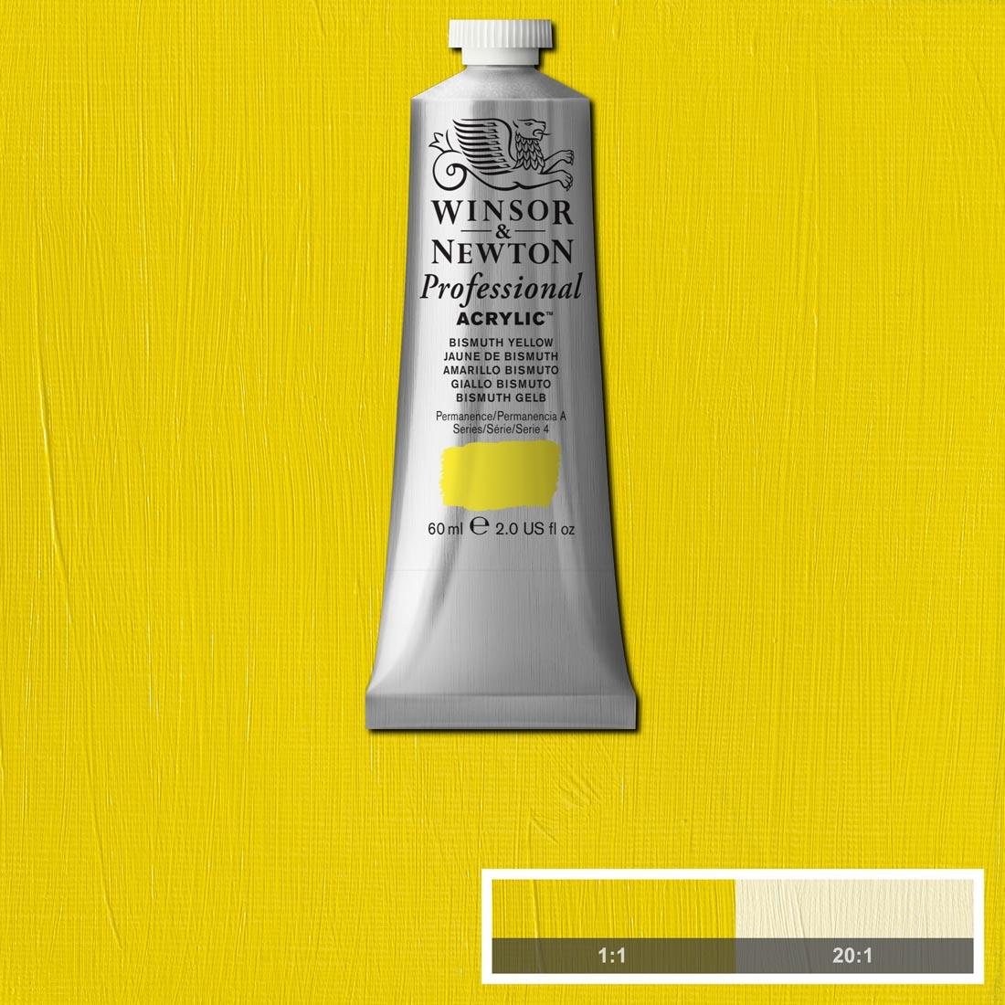 Tube of Winsor and Newton Professional Acrylic Bismuth Yellow with paint swatch in the background