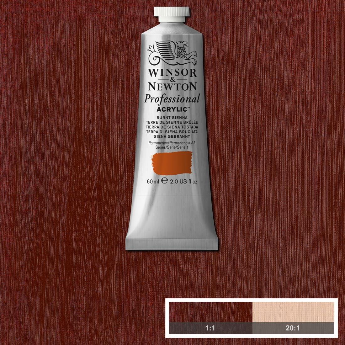 Tube of Winsor and Newton Professional Acrylic Burnt Sienna with paint swatch in the background