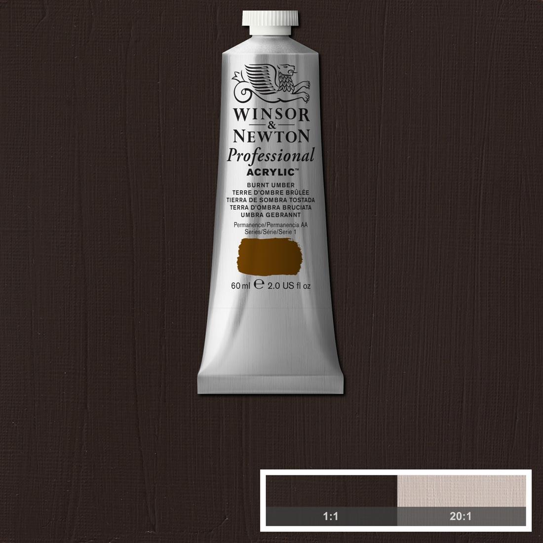 Tube of Winsor and Newton Professional Acrylic Burnt Umber with paint swatch in the background