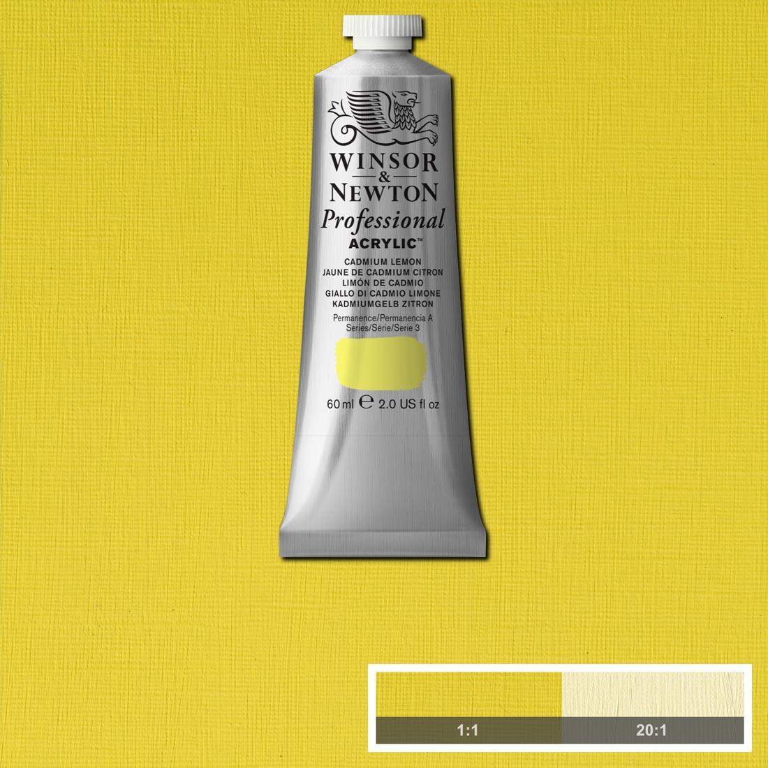 Tube of Winsor and Newton Professional Acrylic Cadmium Lemon with paint swatch in the background