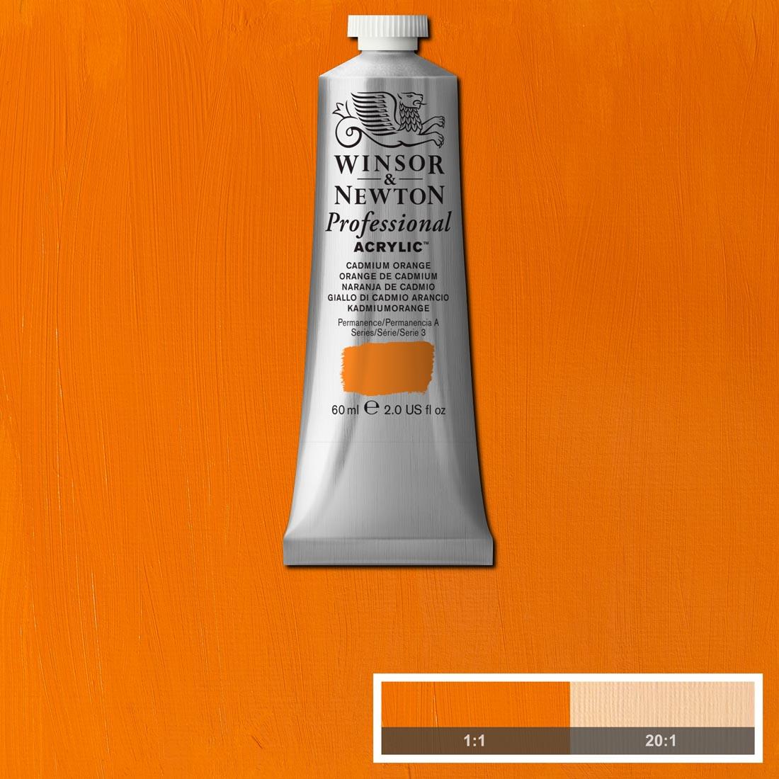 Tube of Winsor and Newton Professional Acrylic Cadmium Orange with paint swatch in the background