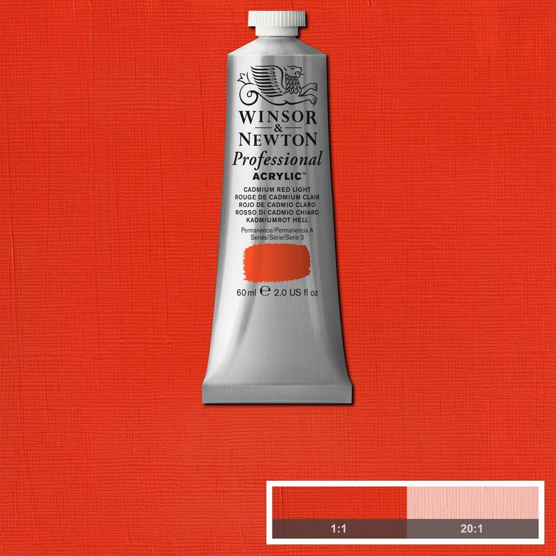 tube of Winsor and Newton Professional Acrylic Cadmium Red Light with paint swatch in the background