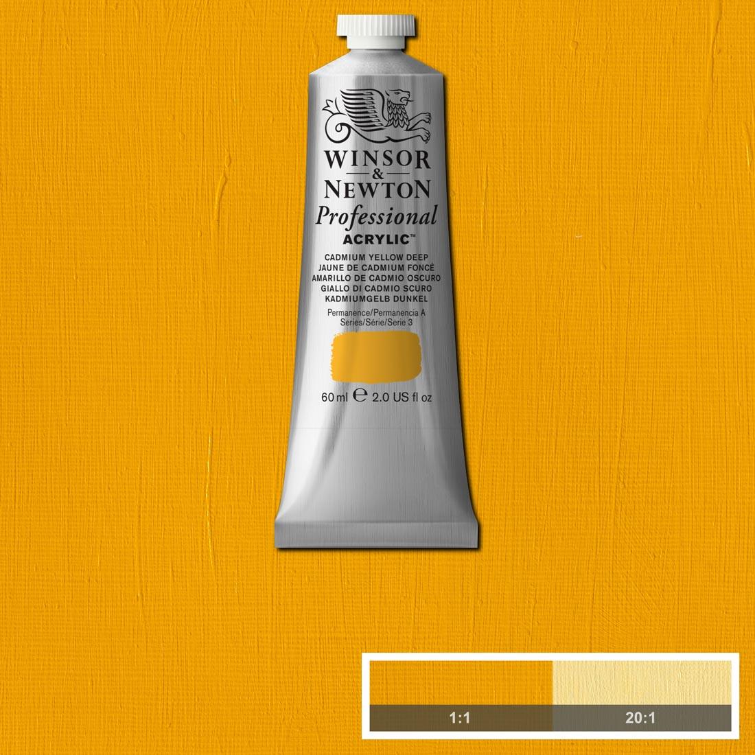 tube of Winsor and Newton Professional Acrylic Cadmium Yellow Deep with paint swatch in the background