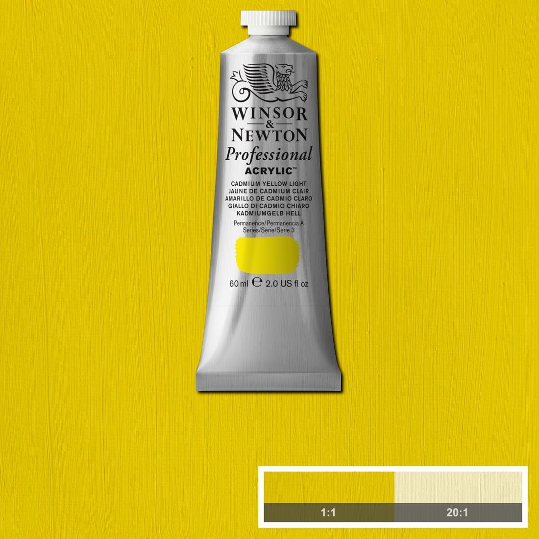 tube of Winsor and Newton Professional Acrylic Cadmium Yellow Light with paint swatch in the background