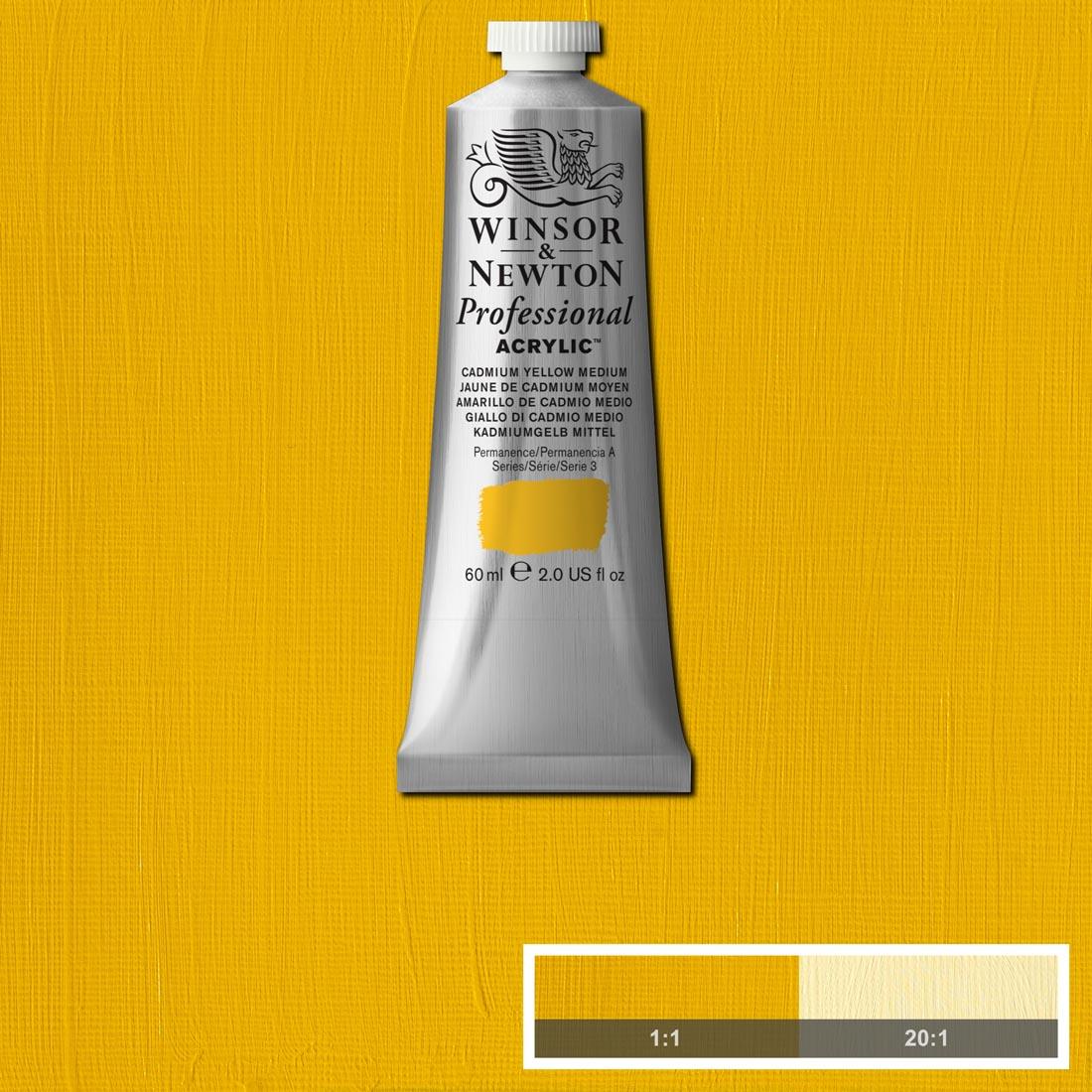 tube of Winsor and Newton Professional Acrylic Cadmium Yellow Medium with paint swatch in the background