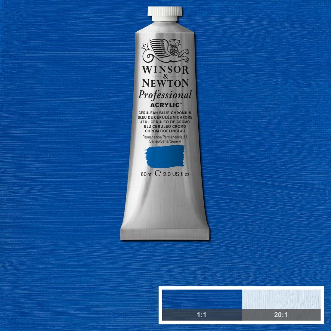 tube of Winsor and Newton Professional Acrylic Cerulean Blue Chromium with paint swatch in the background