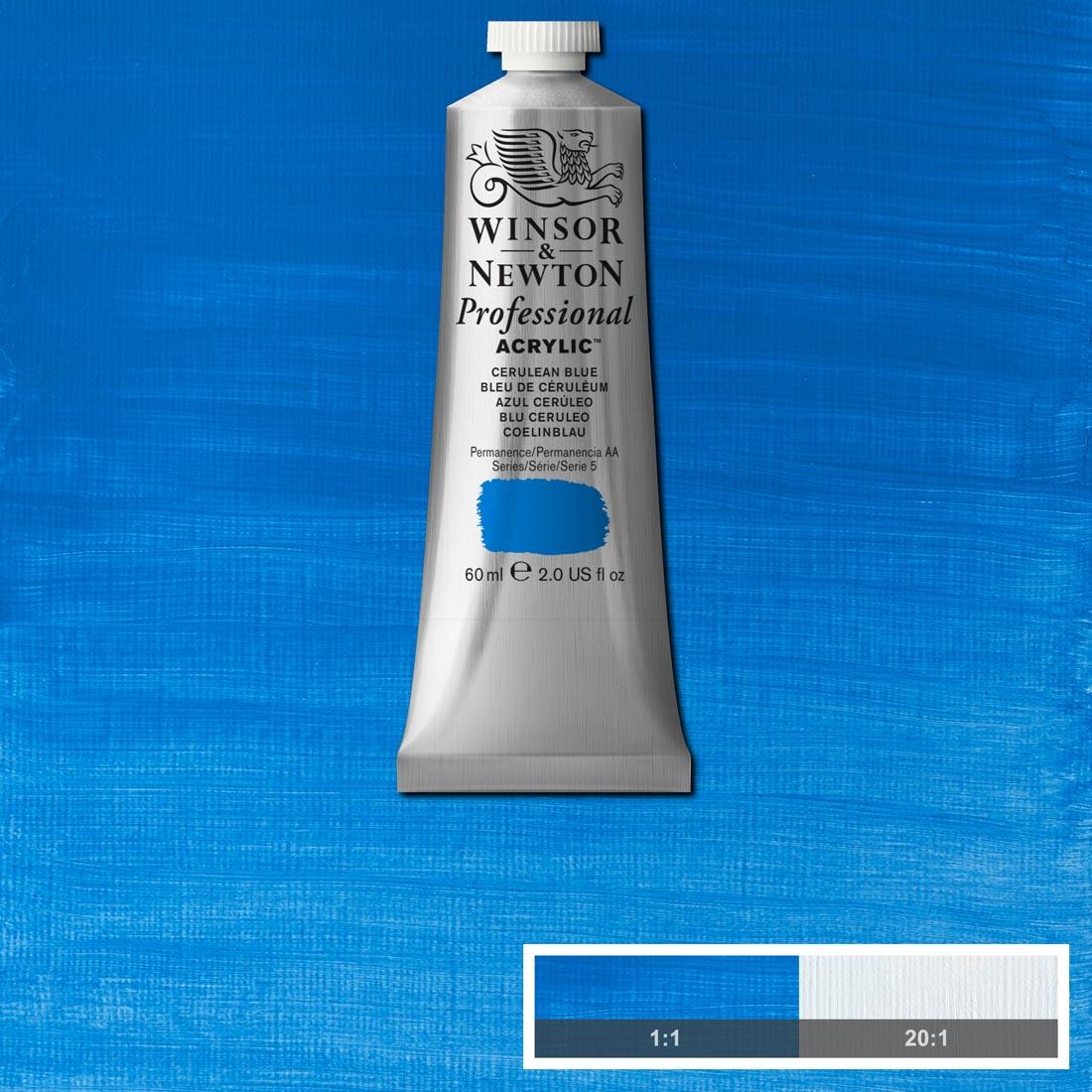 tube of Winsor and Newton Professional Acrylic Cerulean Blue with paint swatch in the background