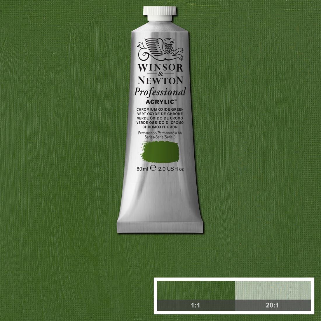 tube of Winsor and Newton Professional Acrylic Chromium Oxide Green with paint swatch in the background