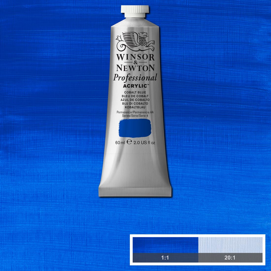 tube of Winsor and Newton Professional Acrylic Cobalt Blue with paint swatch in the background