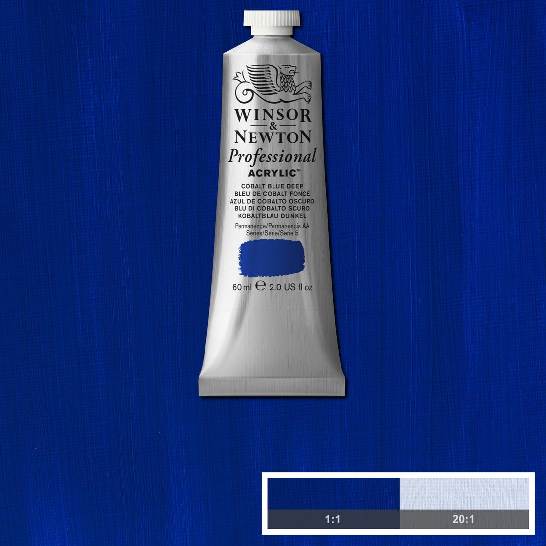 tube of Winsor and Newton Professional Acrylic Cobalt Blue Deep with paint swatch in the background