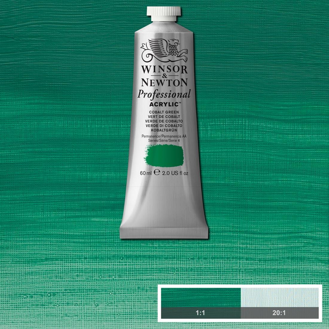 tube of Winsor and Newton Professional Acrylic Cobalt Green with paint swatch in the background