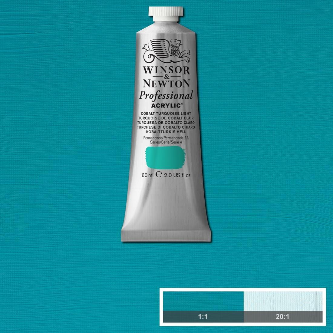 tube of Winsor and Newton Professional Acrylic Cobalt Turquoise Light with paint swatch in the background