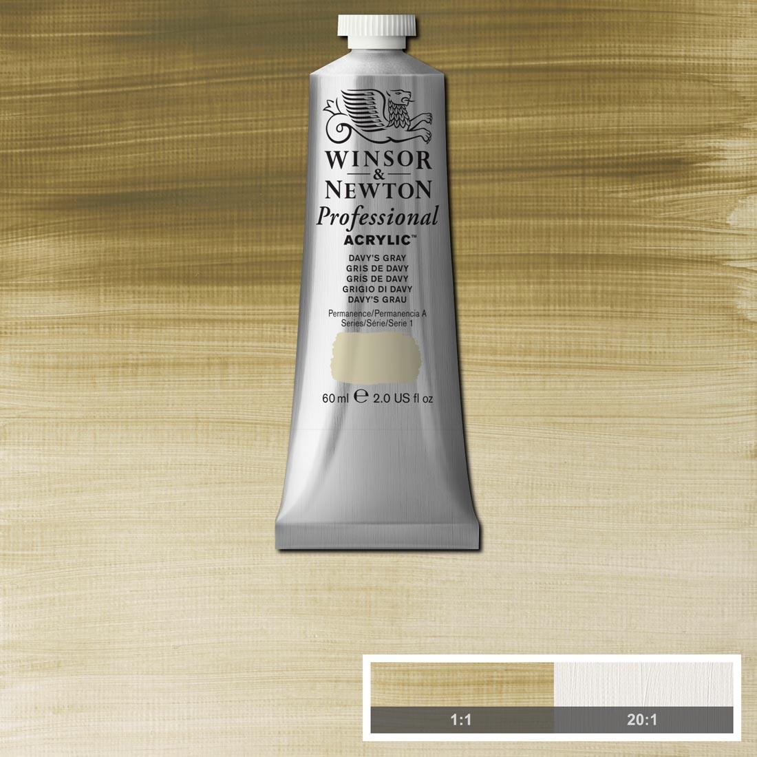 tube of Winsor and Newton Professional Acrylic Davy's Gray with paint swatch in the background