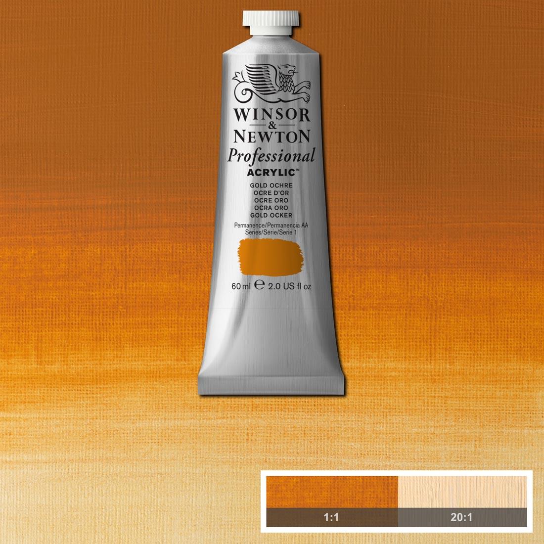 tube of Winsor and Newton Professional Acrylic Gold Ochre with paint swatch in the background