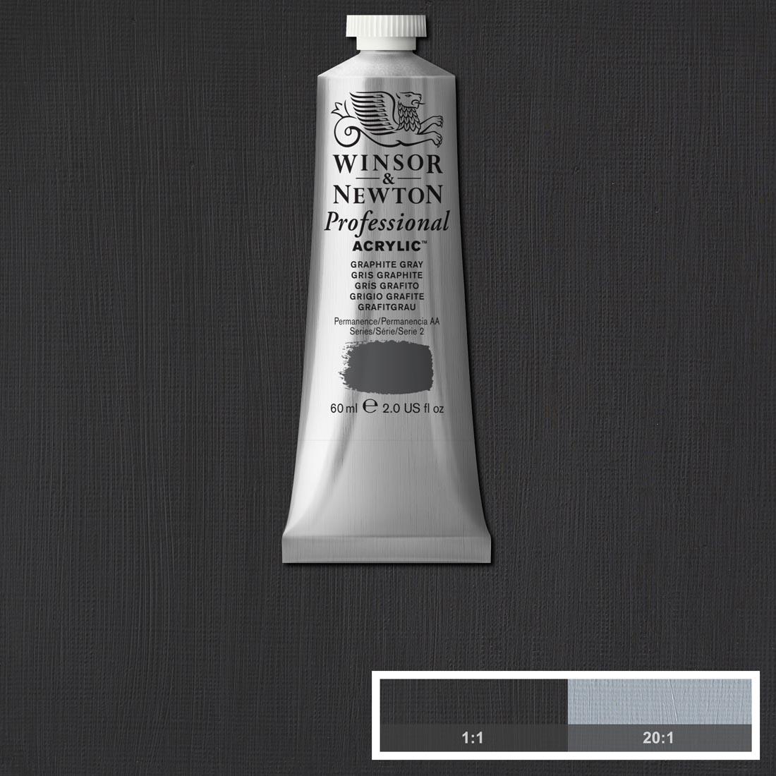 tube of Winsor and Newton Professional Acrylic Graphite Grey with paint swatch in the background