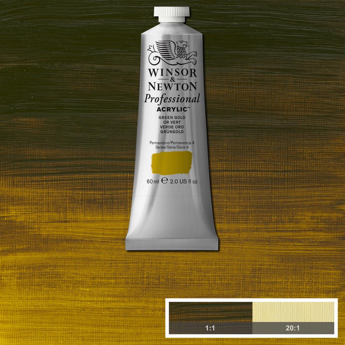 tube of Winsor and Newton Professional Acrylic Green Gold with paint swatch in the background