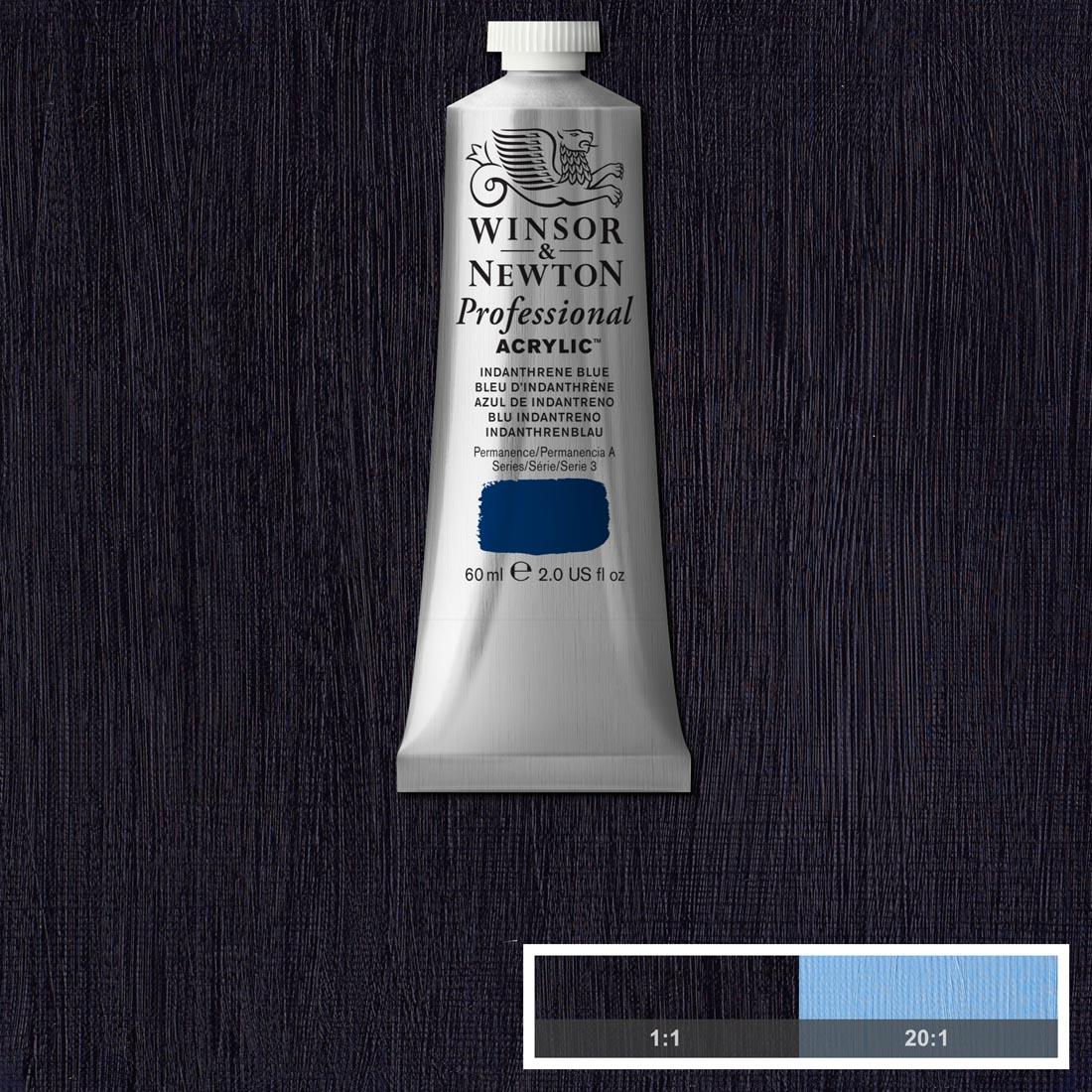 tube of Winsor and Newton Professional Acrylic Indanthrene Blue with paint swatch in the background