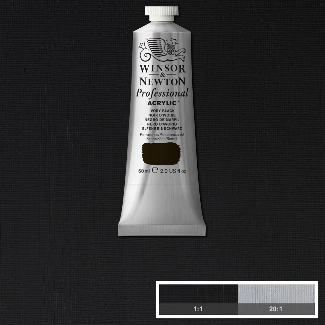 tube of Winsor and Newton Professional Acrylic Ivory Black with paint swatch in the background