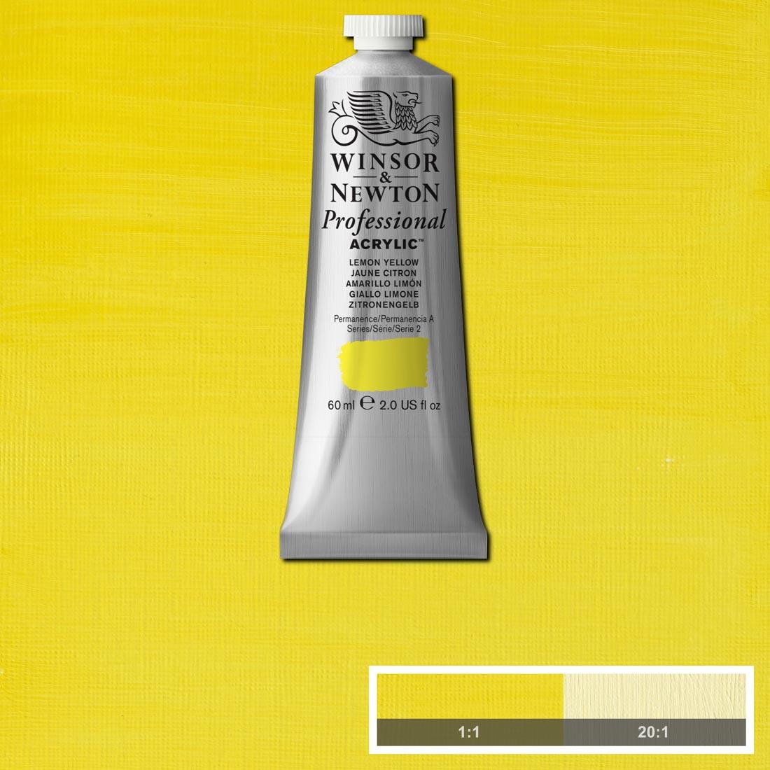 tube of Winsor and Newton Professional Acrylic Lemon Yellow with paint swatch in the background