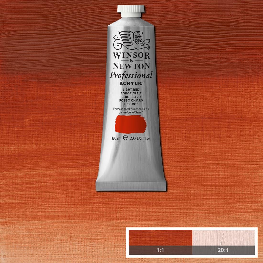 tube of Winsor and Newton Professional Acrylic Light Red with paint swatch in the background