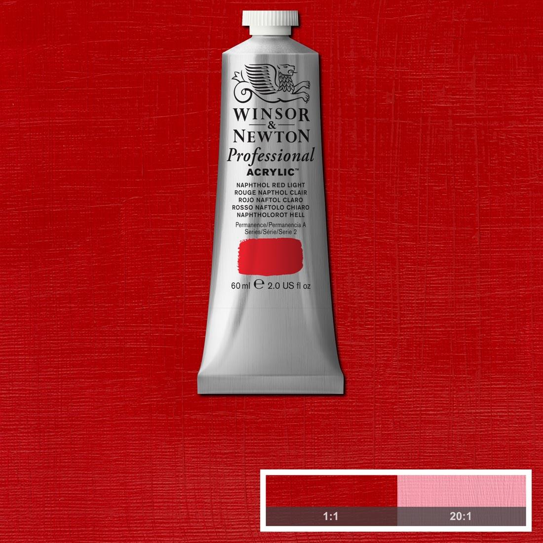 tube of Winsor and Newton Professional Acrylic Naphthol Red Light with paint swatch in the background