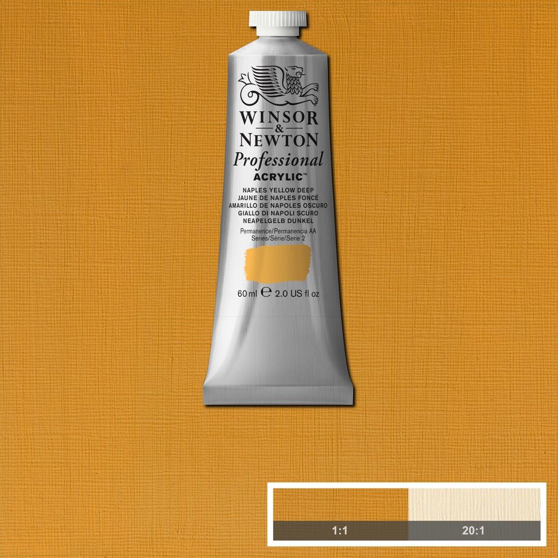 Tube of Naples Yellow Deep Winsor and Newton Professional Acrylic with paint swatch in the background