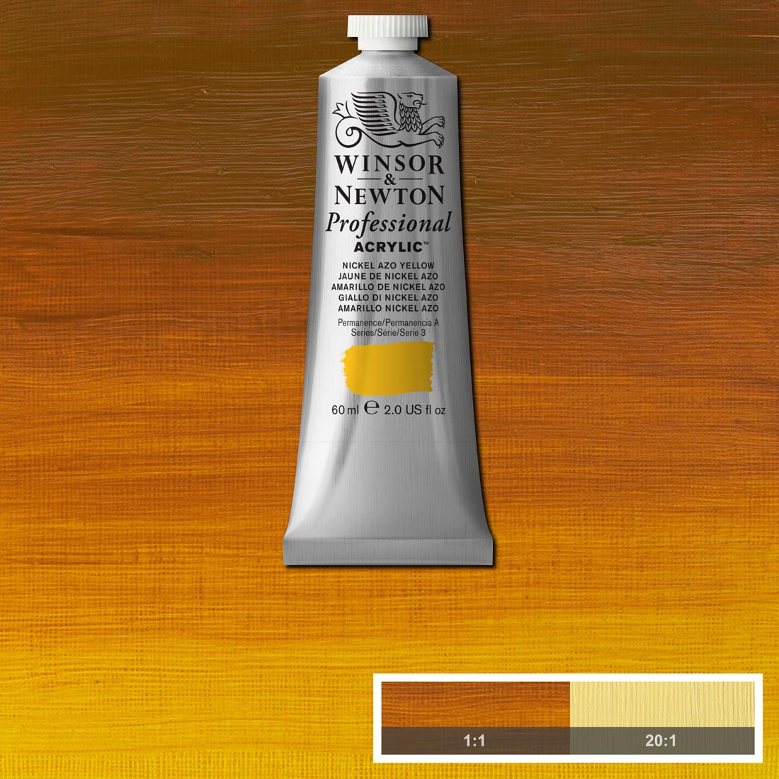 Tube of Nickel Azo Yellow Winsor and Newton Professional Acrylic with paint swatch in the background