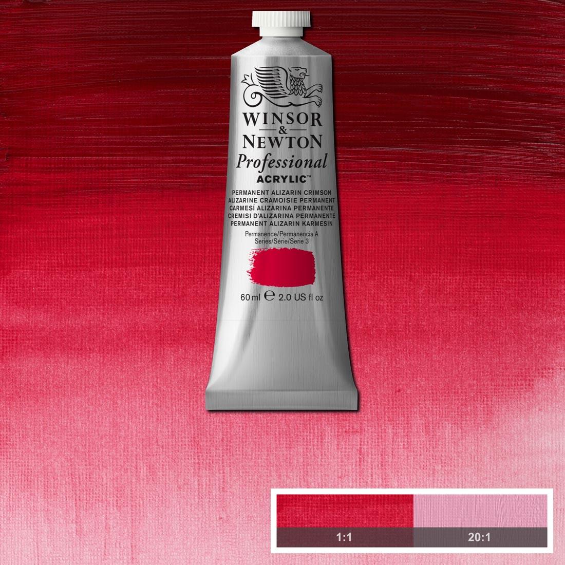 Tube of Permanent Alizarin Crimson Winsor and Newton Professional Acrylic with paint swatch in the background